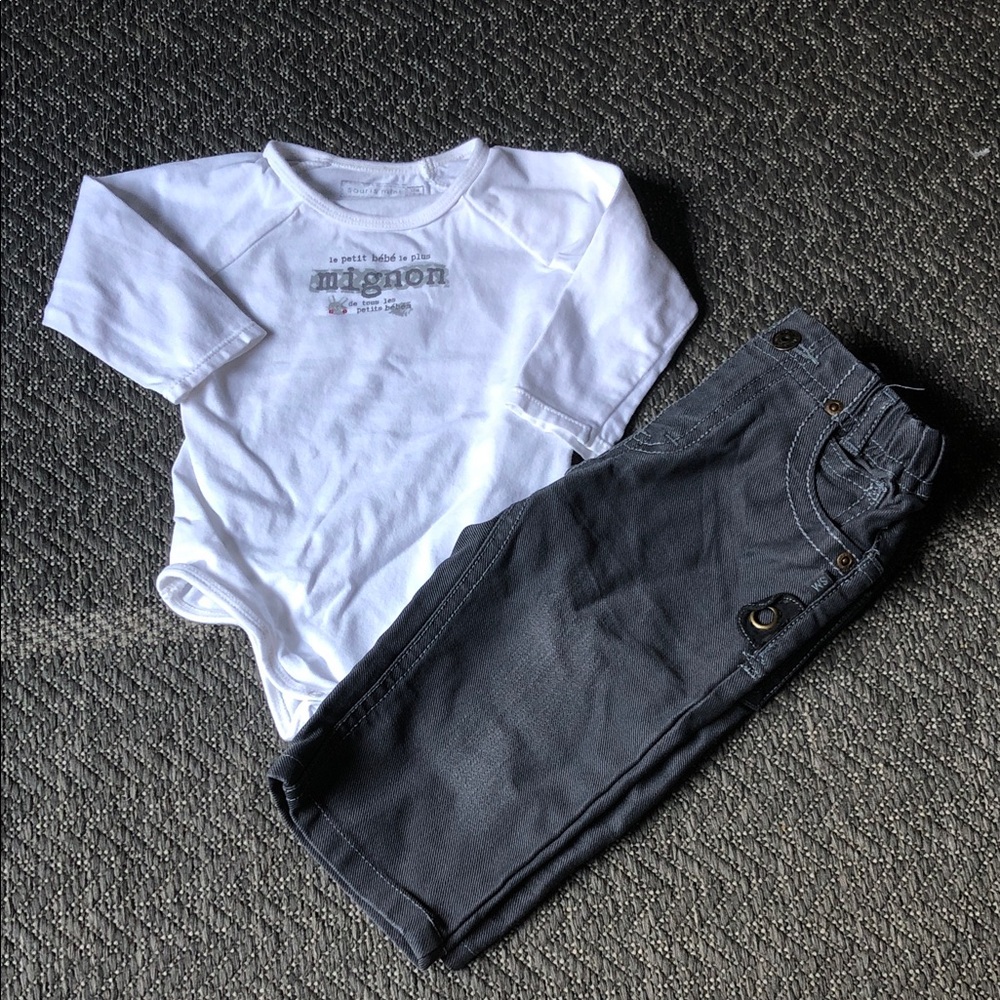 White Long-Sleeve Bodysuit & Gray jeans Pants Matching Set